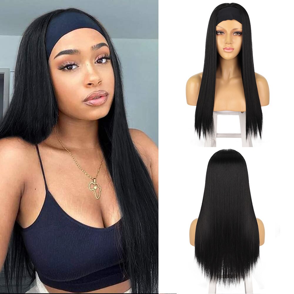 Stamped Glorious Synthetic Headband Wig Black Wig Long Straight Hair Heat Resistant Fiber Synthetic Wigs for Black Women: black wig