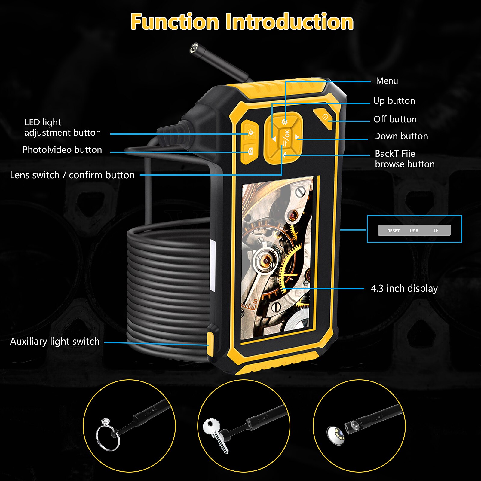 Dual-lens HD 1080P Endoscope with 4.3Inch Screen Industrial Automobile Inspection Pipeline Endoscopes IP67 Waterproof Durable