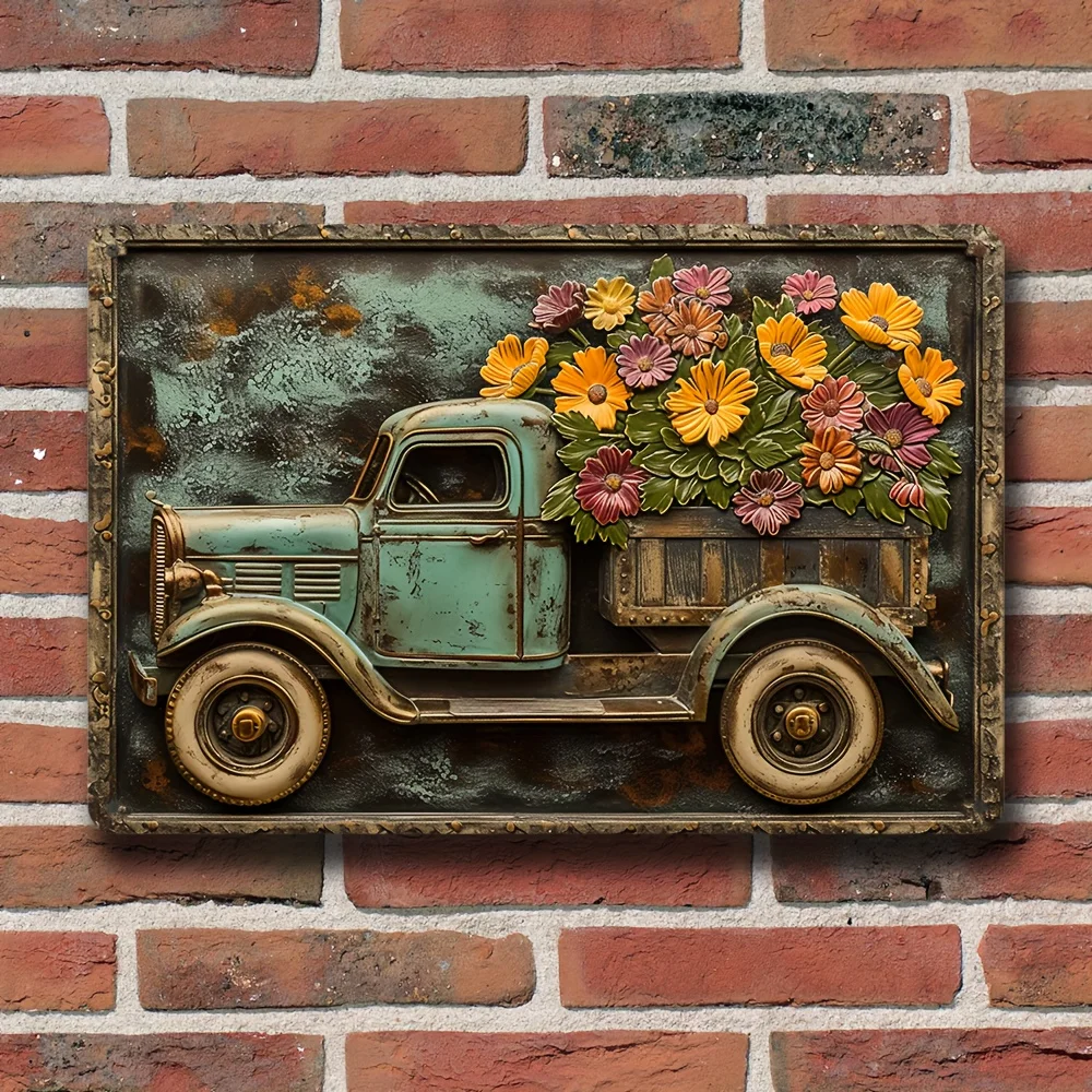 1pc Truck Flower Retro Metal Sign Wall Art Decor Ideal for Vintage Garage Cafe Bar Living Room As A Stylish Wall Decor Plaque