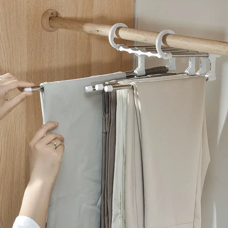 Appendiabiti per pantaloni magici 5 in 1 Appendiabiti pieghevole per pantaloni in acciaio inossidabile Scaffali per appendiabiti per camera da letto Organizzatore per armadio