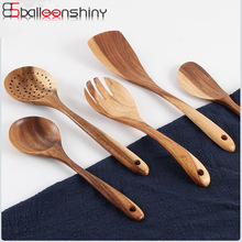 BalleenShiny Food Grade Wooden Spoon Long Handle Kitchen Cooking Tools Non-stick Pan Spatula Big Soup Spoon Resuable Tablewares