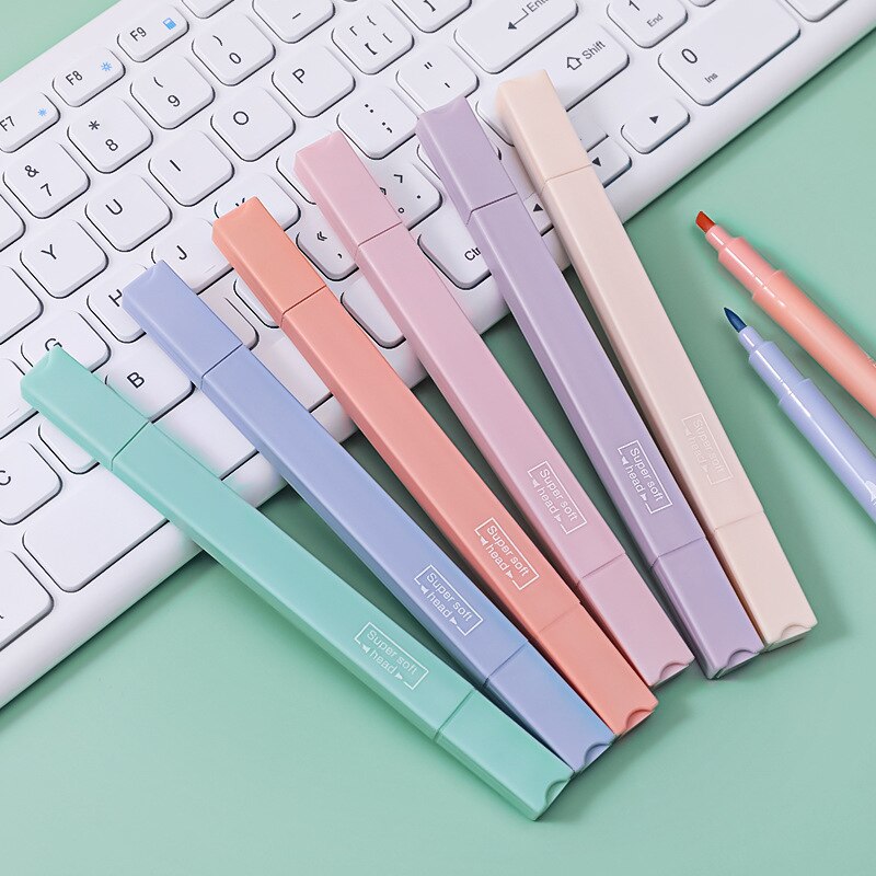Stylos surligneurs à Double pointe Kawaii, carrés et ronds de couleur bonbon, marqueurs Manga Midliner Pastel, ensemble de protection des yeux 6 pièces