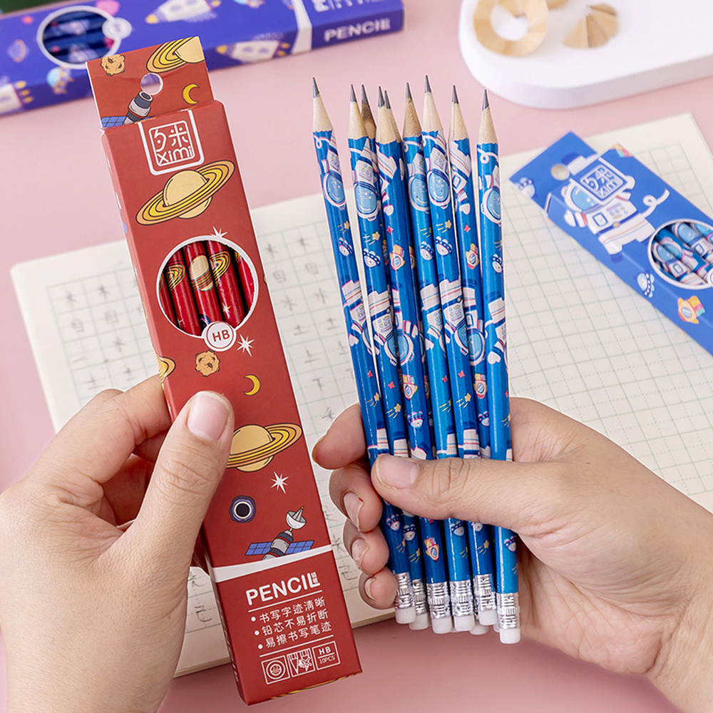 10Pcs/lot Cartoon Boxed Pencils Student Writing Drawing Sketch Pen Set Wooden HB With Eraser Pencil Stationery School Supplies