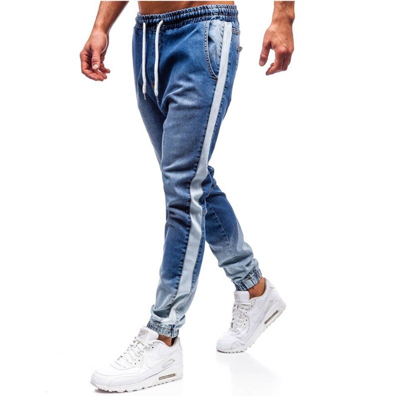 Män jeans trendiga män skinny jeans biker förstörd sliten passform jeans ripped jeans byxor sidan rand penna byxor casual jeans