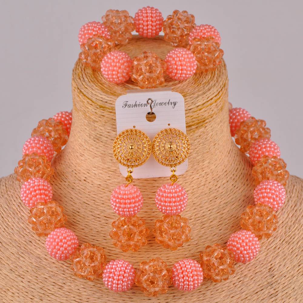 Royal Blue and Yelow African Beads Jewelry Set: Peach