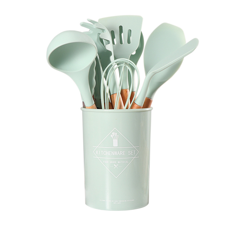 12 Pçs Siliconen Utensílio De Cozinha Conjunto Bpa Livre Não Tóxico Utensílios De Cozinha Alça De Madeira Com Caixa De armazename: Licht Groen
