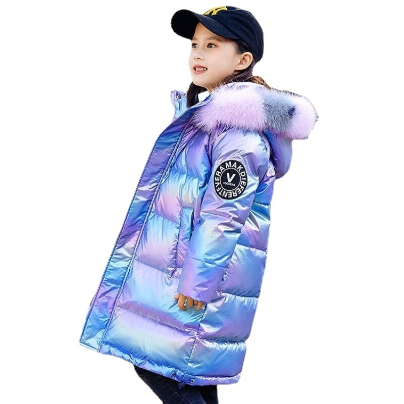 Mode Kinderen Katoenen Jas Voor Meisjes Warme Parka Gekleurde Bontkraag Thicken Bovenkleding Winter Kleding 5-13 Jaar meisje Snowsuit