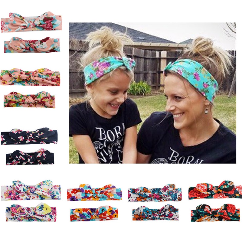 2PCS Mama Baby Headwear Bowknot Elastic HeadBands for Women Children Tuban Baby HairBands Hair Accessories Headbands for Girls