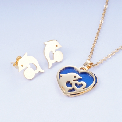 Yunkingdom conjunto de joyas corazón redondo delfín resina Acero inoxidable conjuntos de joyas COLLAR COLGANTE pendientes para mujeres: BLS0046