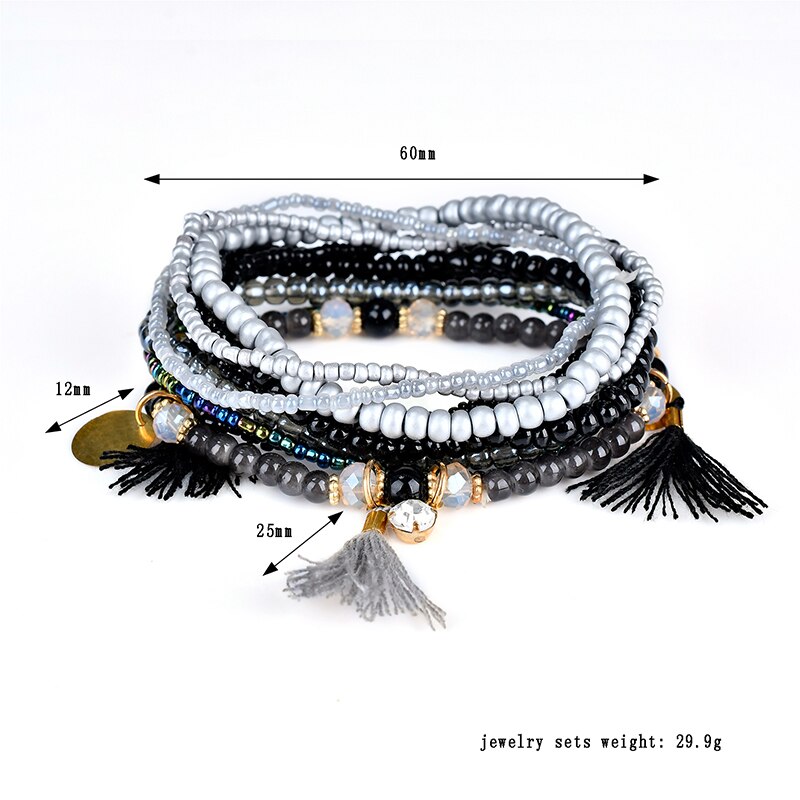 Ethnic Bohemian Tassel Beach Charm Bracelets For Women Boho Multilayer Beads Crystal Beaded Jewellery Bracelet Set Femme