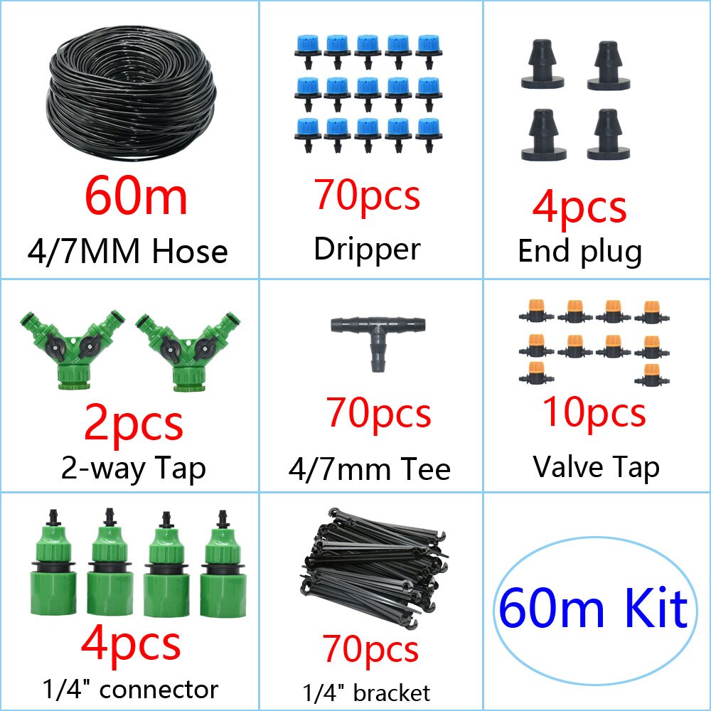 DIY Drip Irrigation System Automatic Watering Garden Irrigation Micro Drip Watering Kits with 8 Holes Drippers Sprinklers: 60M Kit