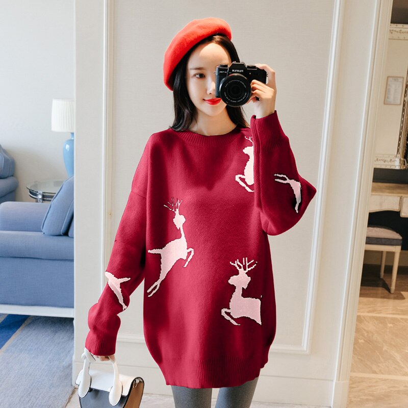 6001#  julehjortstrikkede gravidgensere høst vinter koreansk pullover klær for gravide løs graviditet: Rød