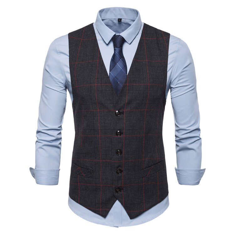 VISADA JAUNA Mens Stripe Plaid Formal Blazer Vests Casual Single Breasted V-neck S-3XL Male England Style Casual Vests: DeepGray / XXXL