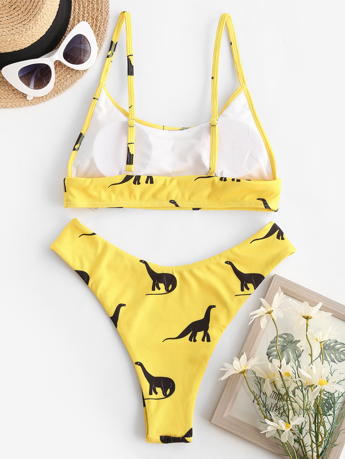 Zaful Dinosaurus Print Geribbelde Hoge Cut Bikini High Cut High Been Bralette Uitneembare Badmode Voor Vrouwen