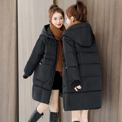 Vinter dam parkas dun bomull huvjacka varm tjock lång kappa lös vindtät regntät dam ytterkläder: Svart / Xxl
