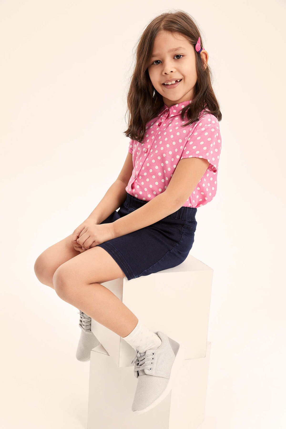 DeFacto Lovely Girl Short Sleeve Shirt Kids Pink Dot Blousers Girls Casual Loose Tops Summer - K4694A619SP