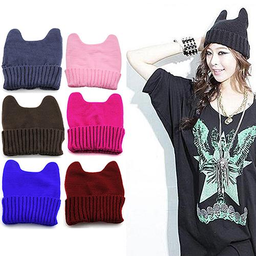 Vrouwen Girl Warm Winter Cat Ear Shape Gebreide Zachte Leuke Hoed Elastische Beanie Cap