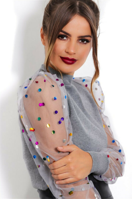 Kvinder blonder mesh gennemsigtig lange pufærmer toppe skjorter bluse