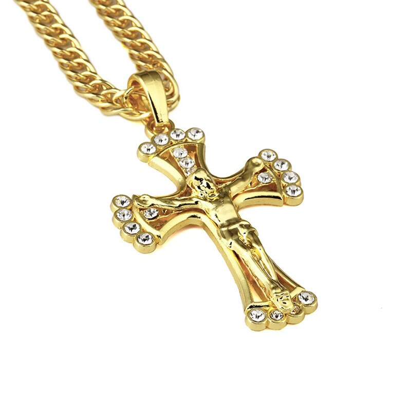 Mens Hip Hop Iced Out Crystal Gold Color Jesus Cross Bling Bling Pendants Necklaces With Cuban Chains Jewelry Xmas