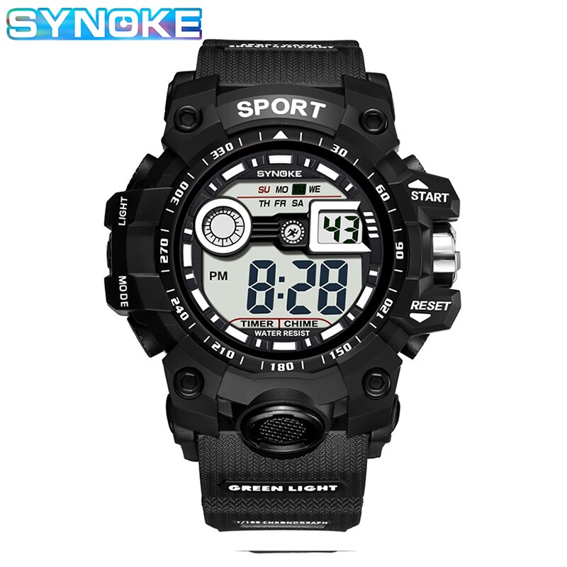 Synoke herenhorloge digitaal grote wijzerplaat band alarm stopwatch heren achtergrondverlichting schokbestendig jongens sporthorloge