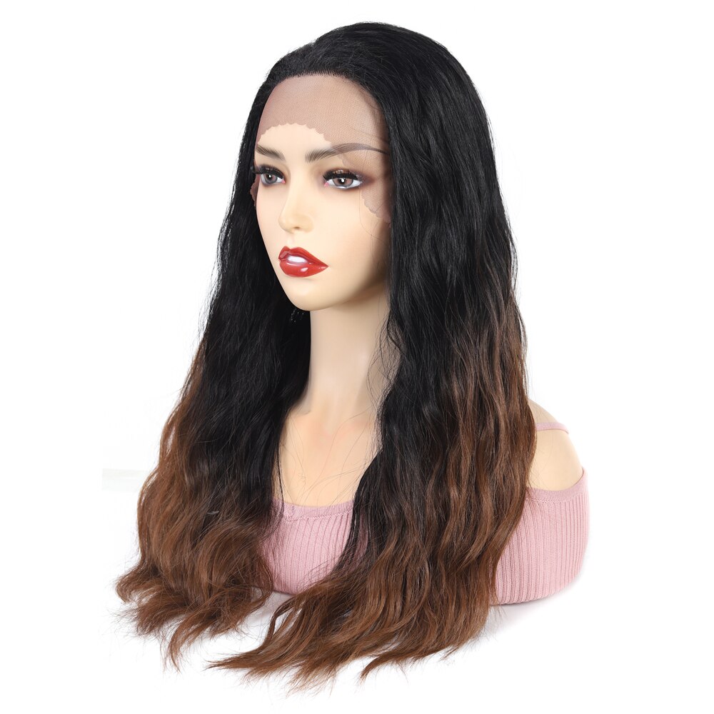 22'' X-TRESS Natural Wave Glueless Lace Front Wigs Dark Roots Ombre Brown Heat Resistant Synthetic Wig For Black Women Daily Use