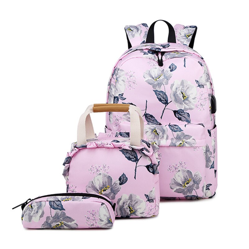 Okkid skoletasker til piger pink sort blomst rygsæk børn skoletaske sæt børn blomster print skole rygsæk barn: Lyserød
