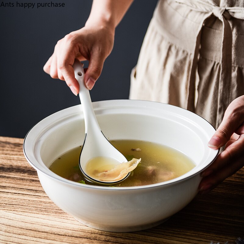 Grand bol à soupe avec couvercle en céramique blanche, assiette ronde, Pot à soupe, bol à nouilles, vaisselle décorative, bols de service
