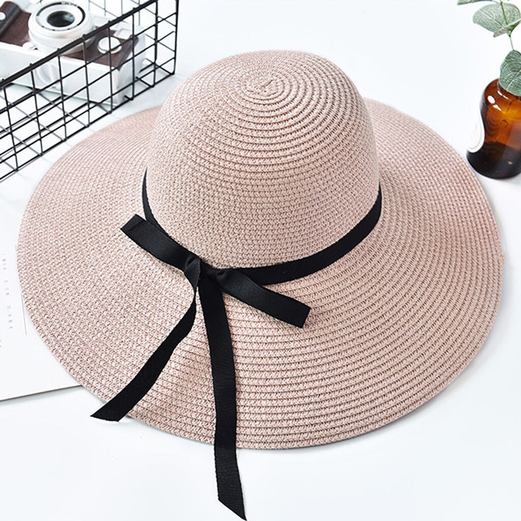 Summer Straw Hat Women Wide Brim Beach Sun Hats Ladies Floppy Beach Sun Foldable Cap Summer Wide Brim Straw Hat: Pink