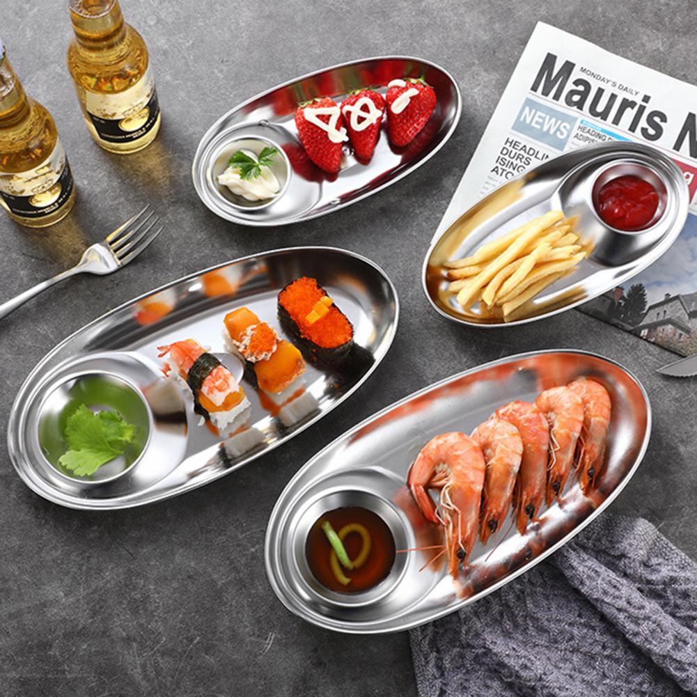 Plato ovalado para aperitivos de acero inoxidable 304, plato para servir comida, postre, salsa, Sushi, cocina, ensaladas