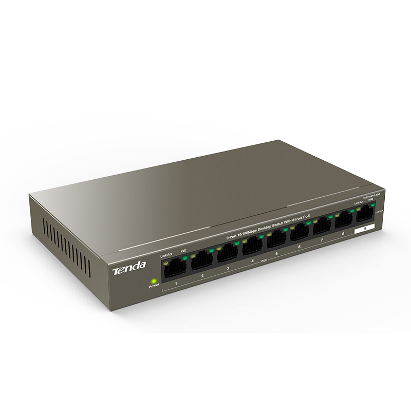 Tenda TEF1109P-8-63W Fast Ethernet Full-Duplex 10/100 Mbps 1.8 Gbps Switch Capaciteit 58 W, 250 M, 6KV Bliksembeveiliging