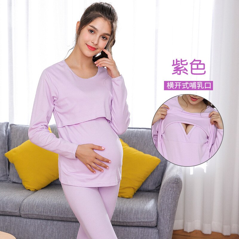 oben + Hosen Herbst Winter 100% Baumwolle Stillen Pyjama für Schwangere Frauen Warme Mutterschaft Nachtwäsche Schwangerschaft Nachtwäsche: Lotus farbe