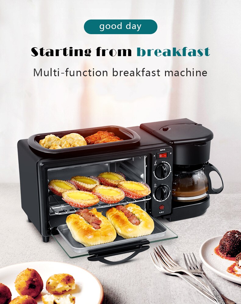 Máquina de desayuno eléctrica 3 en 1, cafetera multifunción, sartén, mini horno para pan de uso doméstico, pizza, horno, sartén