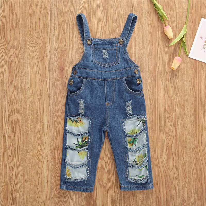 Estate Del Bambino Dei Capretti Del Bambino Delle Ragazze Tute E Salopette Pagliaccetto Fiori di Stampa Blu Denim Pantaloni Dritti Lunghi Tute E Tute Da Palestra Della Ragazza Del Bambino