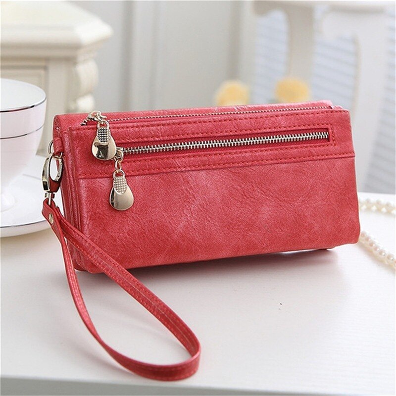 Women Wallets Dull Polish Leather Wallet Double Zipper Day Clutch Purse Wristlet Portefeuille Handbags Carteira Feminina: red