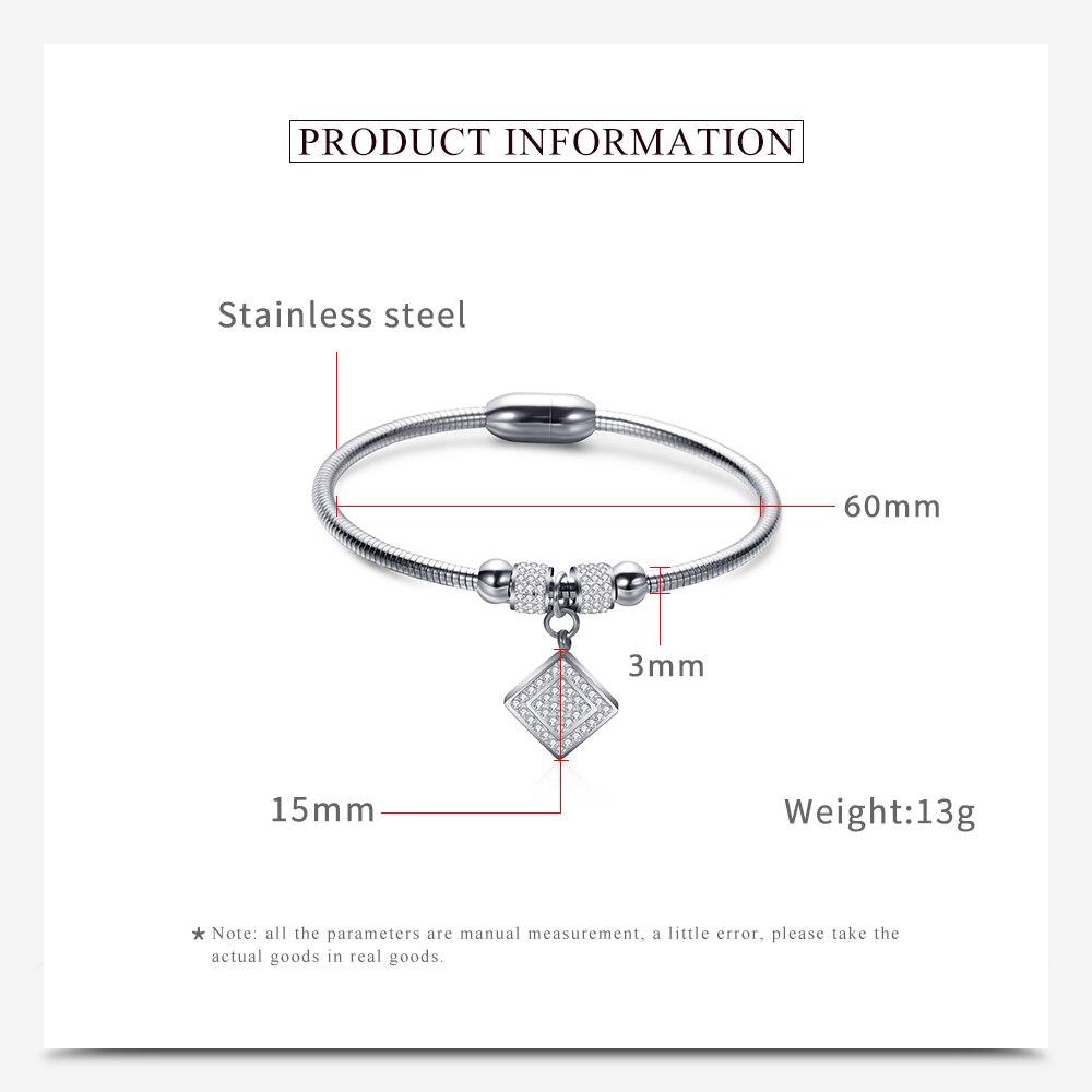 Square Crystal Bracelets Bangles Magnet Clasp With Snake Chain 316L Stainless Steel Wedding Jewelry Bangle for Women