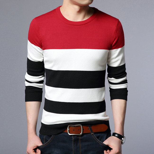 Misniki efterår afslappet herre sweater o hals stribet slim fit strik herre sweatere pullovere herre pull homme s -3xl jp52: Rød / L