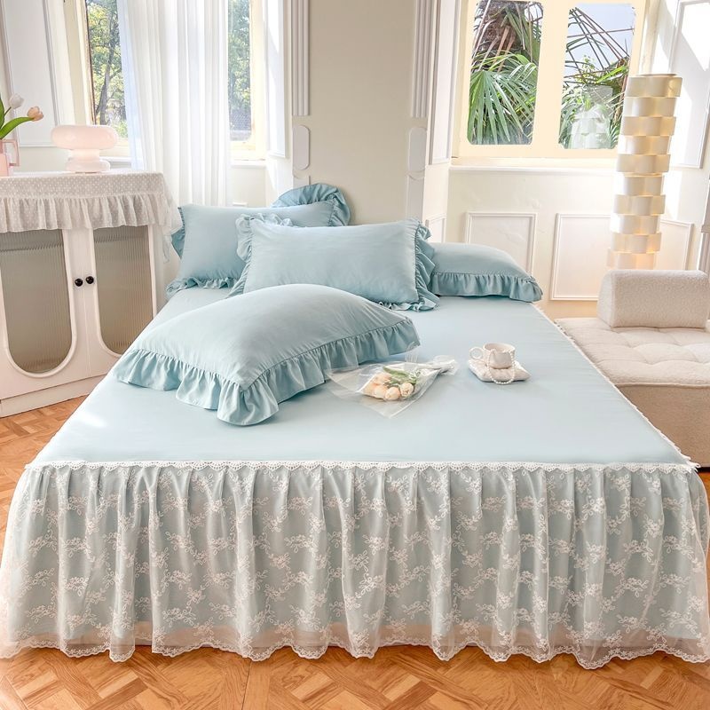 Kanten bedrok en kussensloop, bedomslag, bedsprei, laken, antislip, beschermend, beige, prinses, 3 stuks: 180x220cm / Blauw