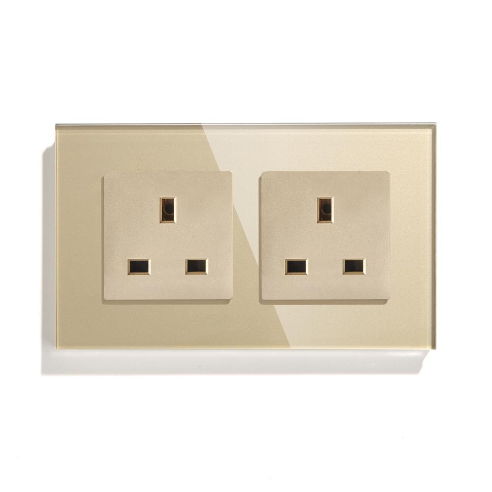 BSEED UK Standard Double Socket Wall Socket 110V-250V White Black Gloden Crystal Glass Panel 146*86mm