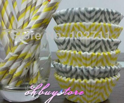 400 Yellow & Gray Chevron Cupcake Liners, Wedding Polka Dot Cupcake Liners, ColorBlock GREASE RESISTANT Liners
