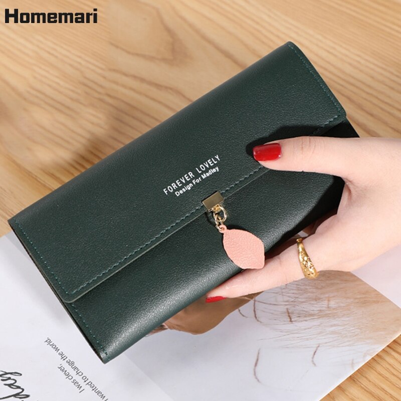 Homemari mulheres couro do plutônio carteiras femininas bolsas longas sacos de dinheiro folha telefone bolso senhoras carteira titular do cartão embreagem mujer 2021: long-green