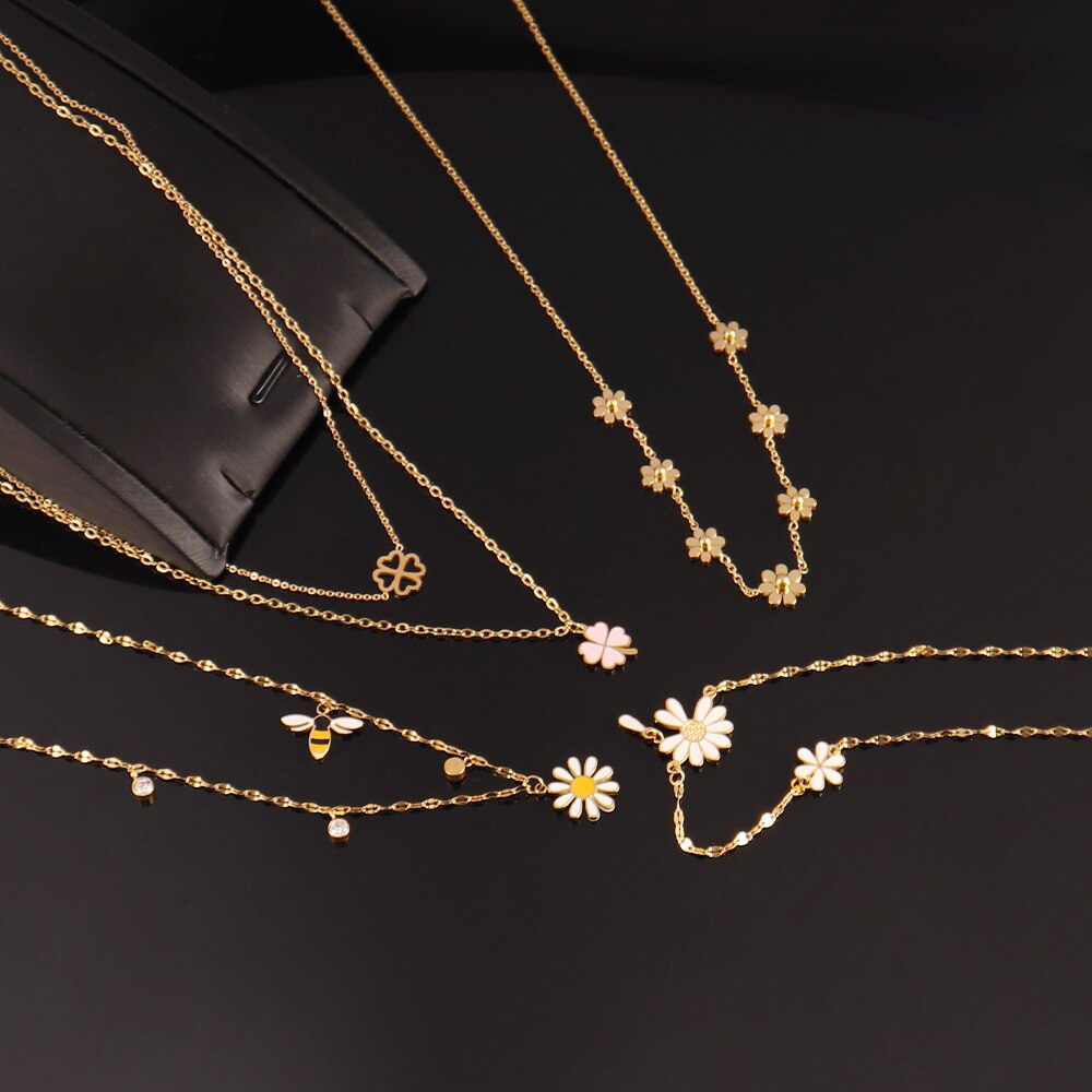 Trendy Product Stainless Steel Necklace For Women Gold Silver Color Charm Flower Butterfly Pendant Necklace Jewelry