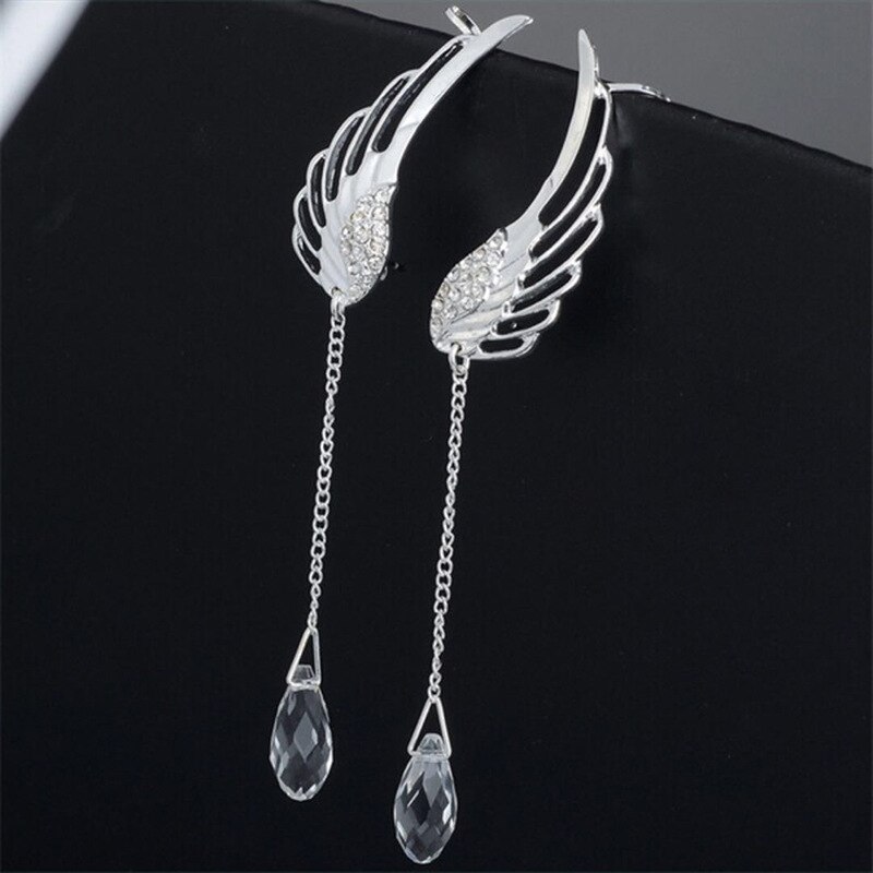 YOYORan 1 Pair crystal wing water clip earring for woman fear cuff feather long chain bead charm clip earring ear cuff jewelry