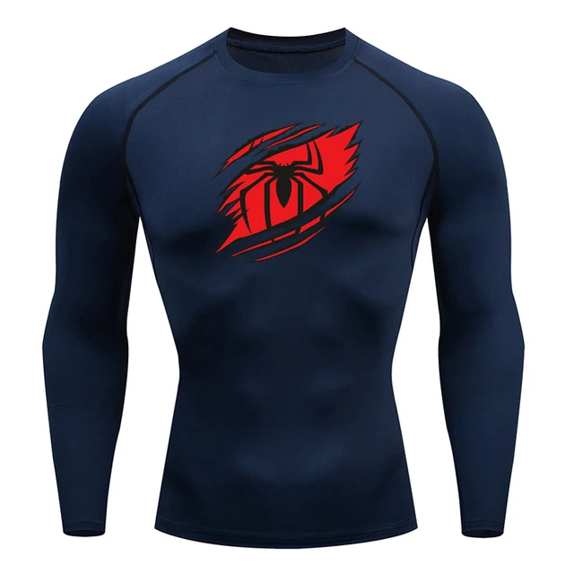 Y2K GYM Compression Tshirts Sport Workout Spider Print T-shirts Mens Running Fitness Tight Long Sleeve Sportswear Top Tee: XXL / Navy Blue