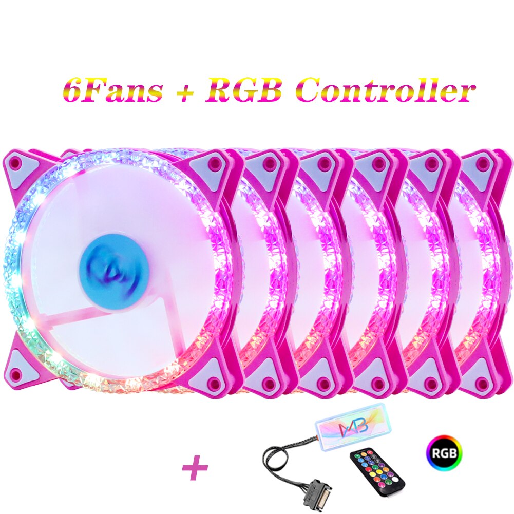 Wovibo-Ventilador silencioso con carcasa LED RGB , Enfriador de CPU de 120mm, Aura Sync, 12V, PWM, 6 pines, Diamante rosa: 6Fans With RGB