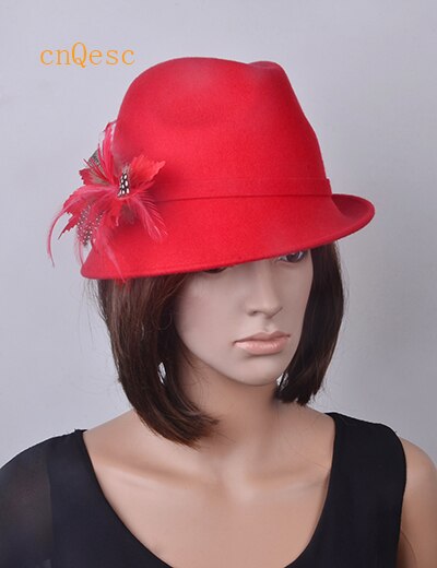 100% Dames derby vrouwen hoed Wol vilten hoeden voor winter kerk Derby. orange grijs beige geel, paars bruin rood zilver: RED