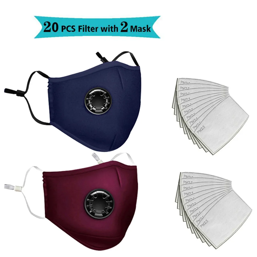 Herbruikbare wasbare gezichtsmaskers met 10 vervangbare pm2.5-filter Mondstof Winddicht katoenen ventielmasker met brilmasker: Blauw