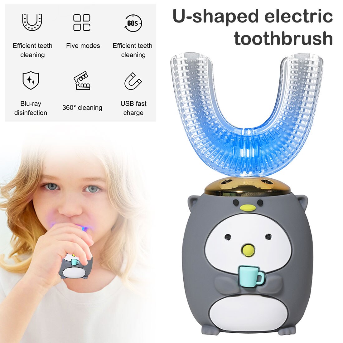 Smart 360 Graden U Elektrische Tandenborstel Kids Silicon Automatische Ultrasone Tanden Tandenborstel Cartoon Patroon Kinderen: Grey 2-6 a