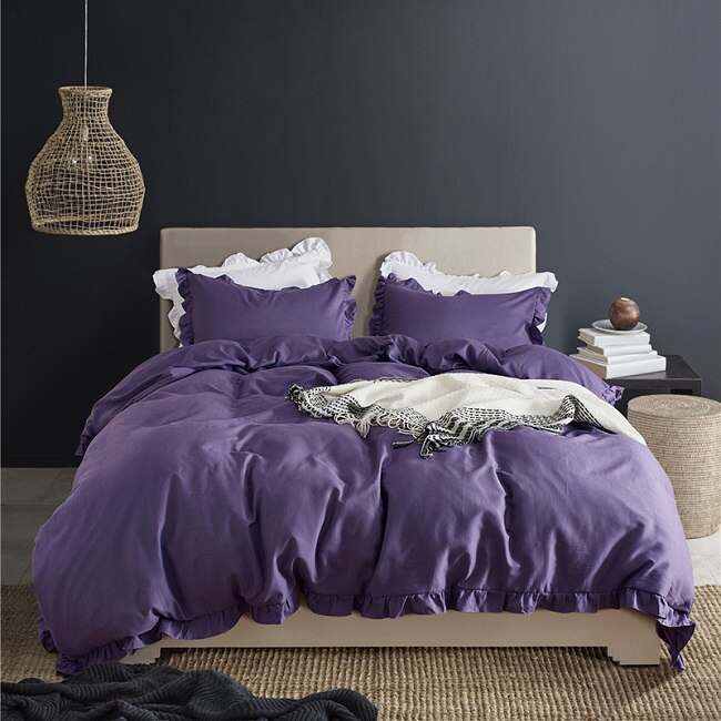 Romantische Roze Beddengoed Set Elegante Ruches Rand Dekbedovertrek Set 2/3 stks Bed Linnen Dekbedovertrek Twin Queen koning Bruiloft Decoratie: purple / US Twin  2pcs