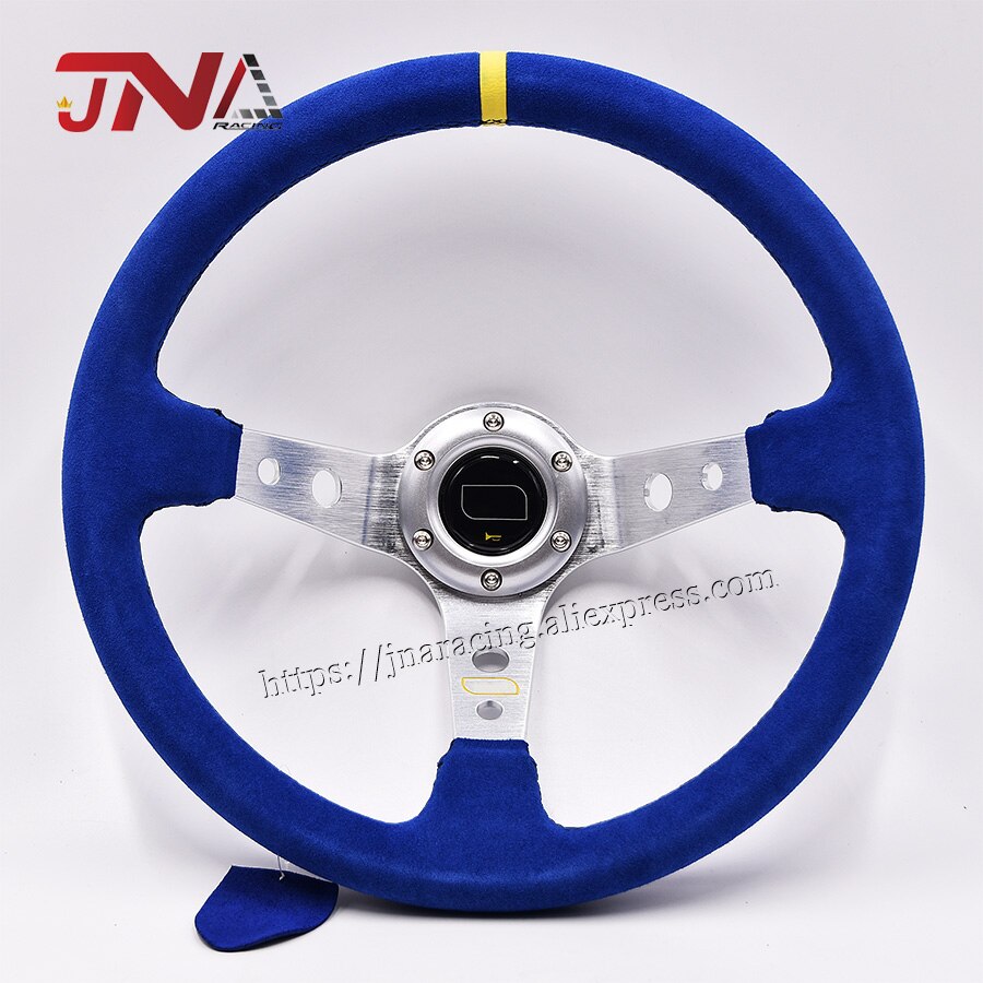 Universal Blue JDM Suede Leather steering wheel with Horn Button & Aluminum Spoke turning wheel