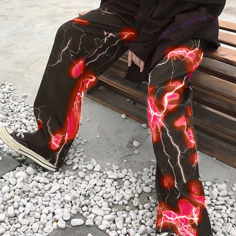 Harajuku Dark Straat Retro Bliksem Casual Broek Lente Mannen Losse Wijde Broek Broek Hip Hop Streetwear joggingbroek